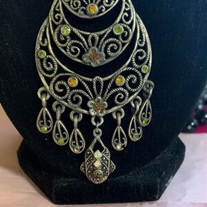 Silver-Tone Filigree Statement Necklace with Green and Yellow Accents